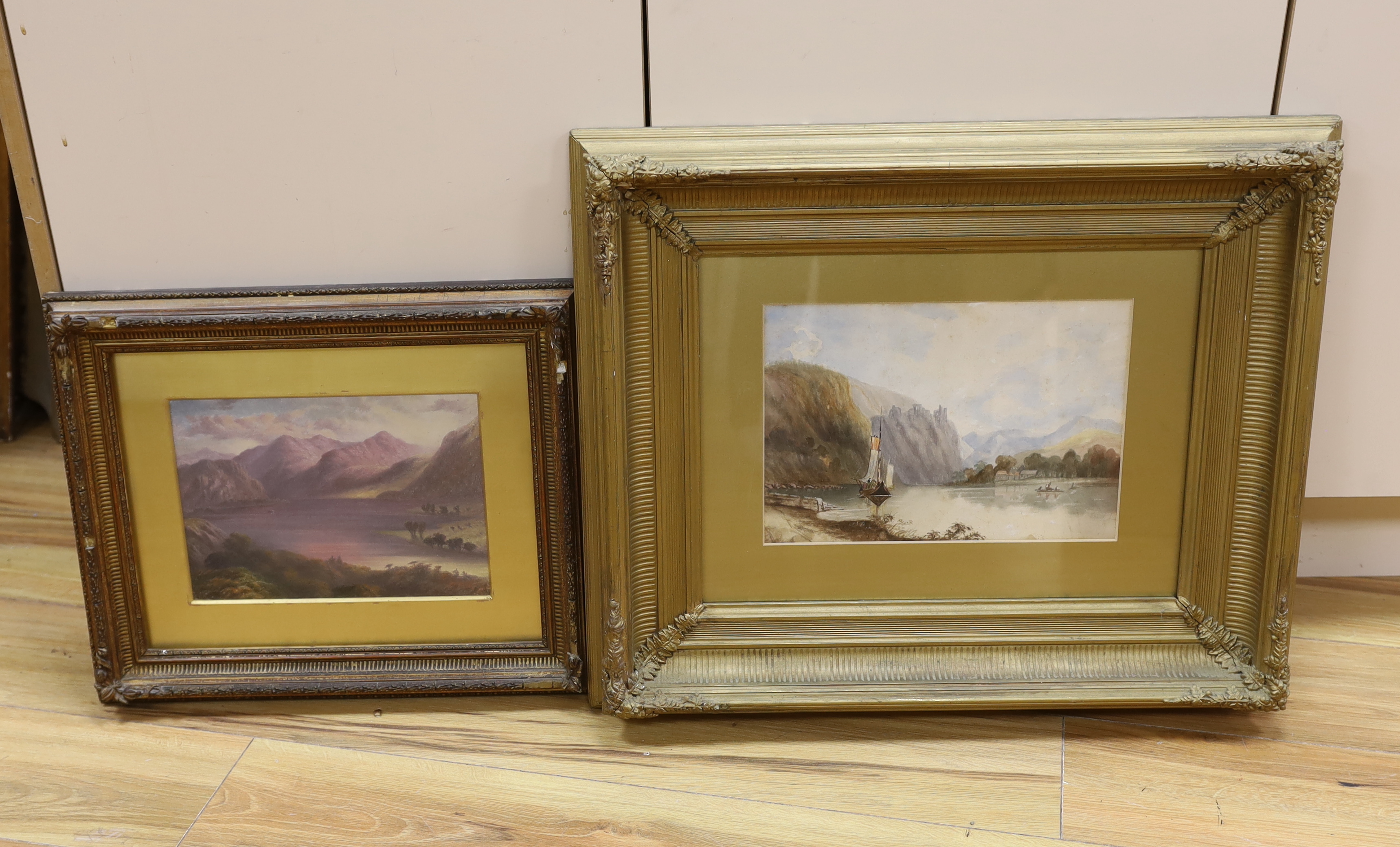Oil on board, Mountainous lakeside landscape, together with a similar watercolour, each unsigned, largest 20 x 29cm, ornate gilt framed